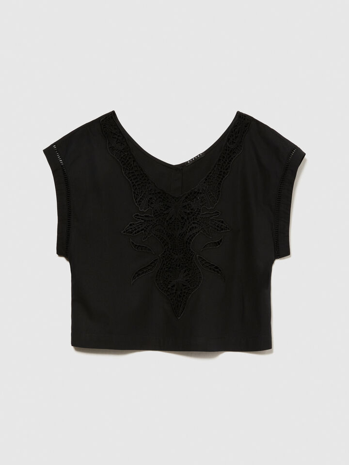 Cropped blouse with crochet - women's blouses - Black | Sisley image number 6